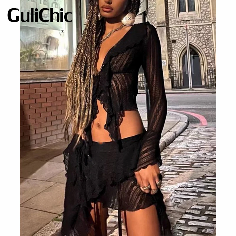 

Женский комплект GuliChic 5,14 года, сексуальная прозрачная короткая блузка с длинным рукавом и Асимметричная мини-юбка