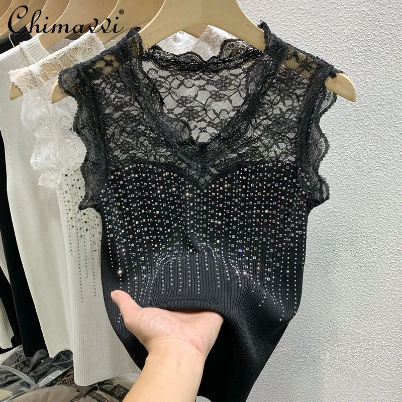 

Женский трикотажный жилет с открытой спиной, универсальный облегающий Топ без рукавов в европейском стиле с простроченными кружевами, лето...