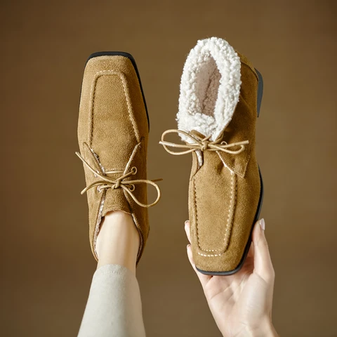 QUTAA Модные зимние шерстяные теплые женские ботильоны на плоской подошве, замшевая обувь из коровьей кожи, кружевные зимние ботинки, повседневные короткие ботинки с квадратным носком, размеры 34-40