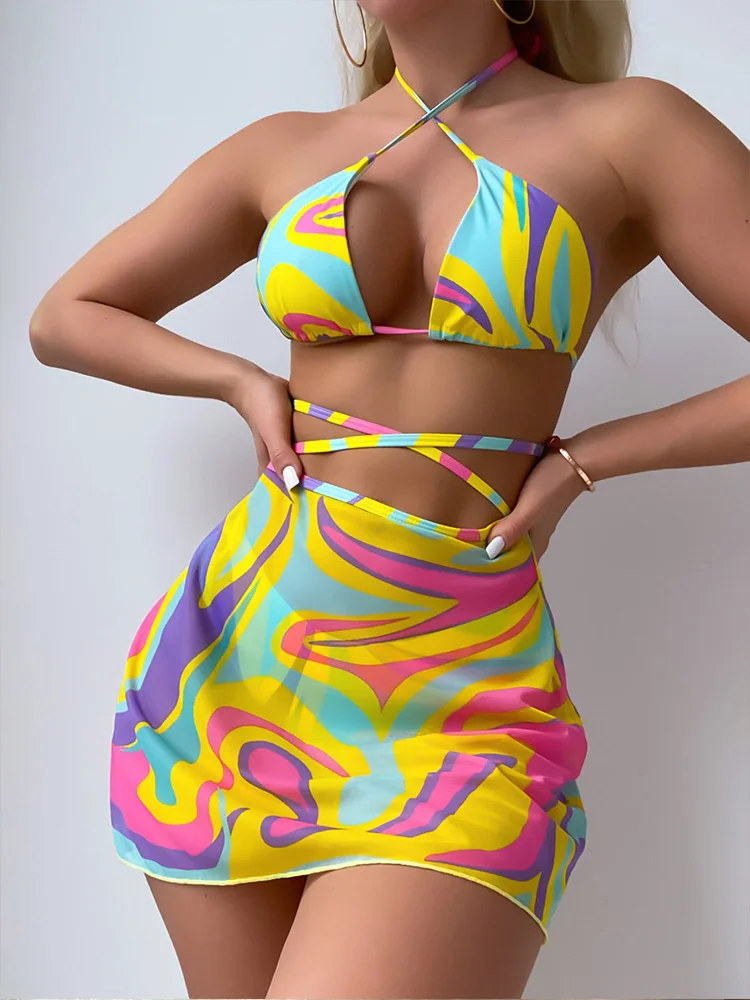 

2022 New Skirt Print Cross Tie Neck Beach Bikini Swimsuit Three Piece Set Women