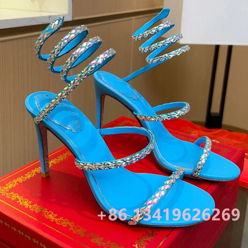Women Summer Snake Wrapped High Heel Sandals Women Crystal Sexy Open Toe Stilettos Female Designer Wedding Party Dress Shoes
