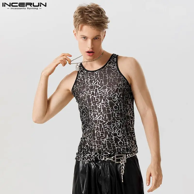 

2023 Men Tank Tops Mesh Transparent Printing Shiny O-neck Sexy Sleeveless Vests Fitness Streetwear Fashion Men Clothing INCERUN
