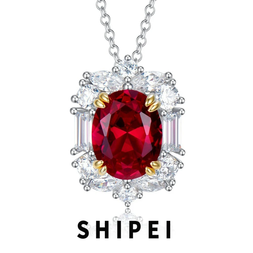 

SHIPEI Vintage 925 Sterling Silver 2 CT Oval Ruby White Sapphire Gemstone Pendant Necklace For Women Fine Jewelry Drop Shipping