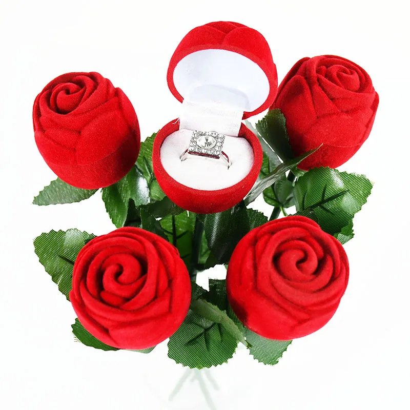 

1Pc Romantic Rose Flower With Rod Ring Box Velvet Gift Packaging Jewelry Packing Display Case For Wedding Engagement Valentines