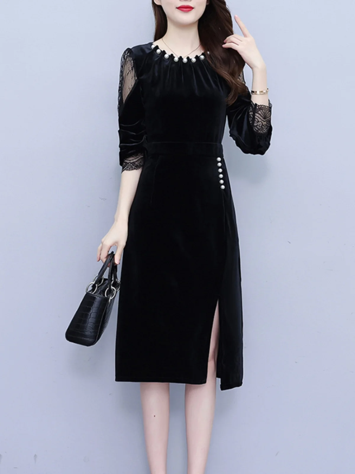 Золотое бархатное платье для всего тела. Женская одежда. Весна и осень-зима 2024.