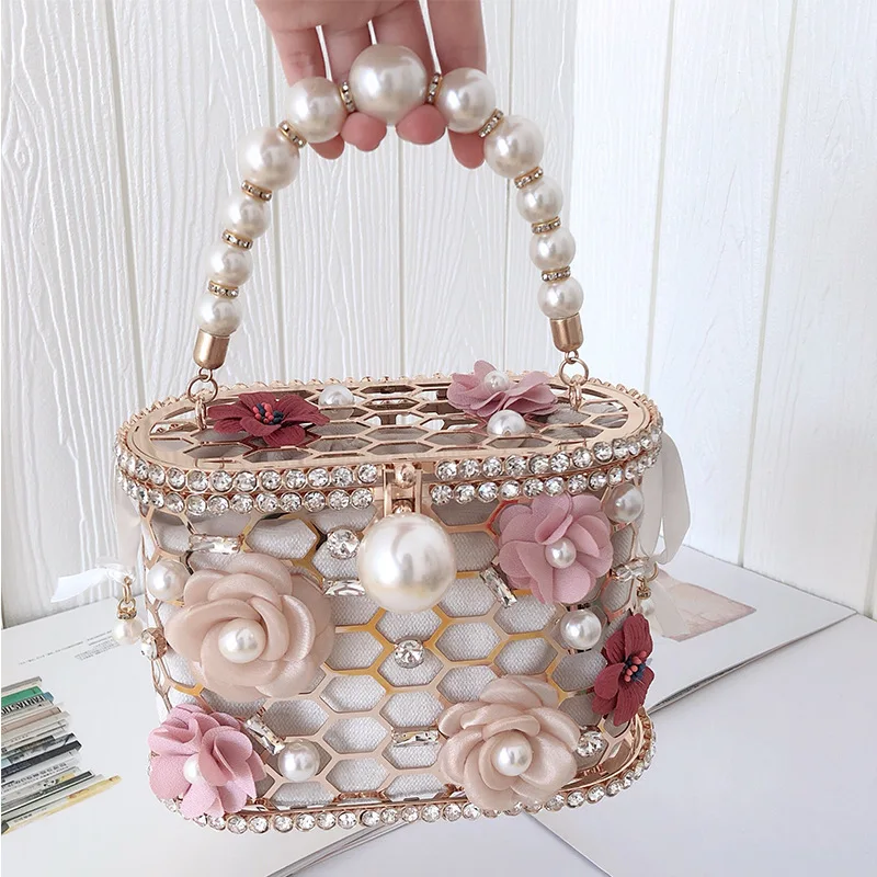 Flowers Rhinestones Metal Evening Bag Women Luxury Designer Diamonds Alloy Cage Pearls Dinner Clutch Purse Ladies Chic Handbag