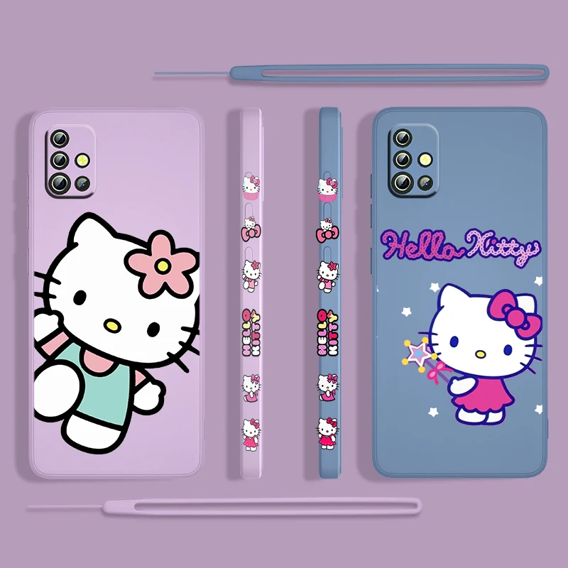 

HelloKitty Anime Cartoon For Samsung Galaxy A73 A53 A33 A52 A32 A22 A71 A51 A21S A03S A50 4G 5G Liquid Left Rope Phone Case Capa
