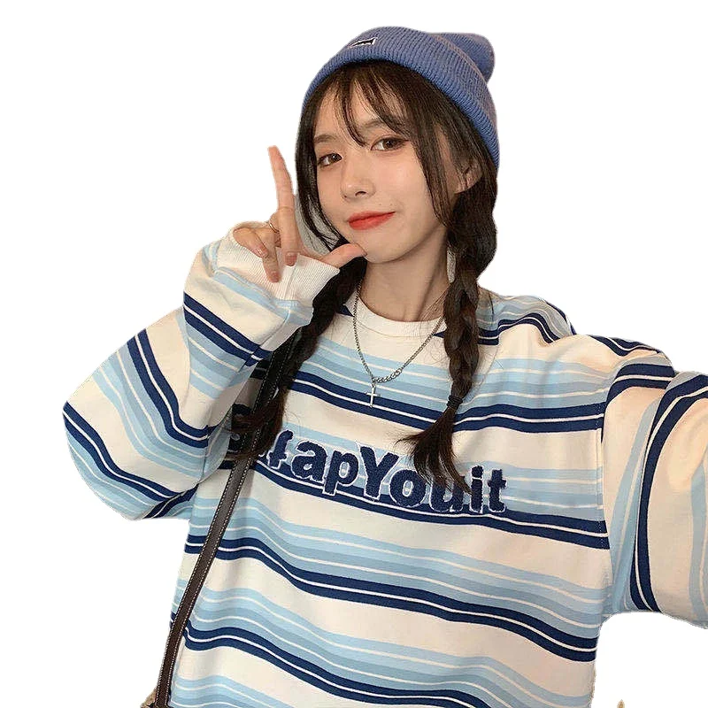 

2022 Spring New Loose Wild Letter Embroidery Long-sleeved Japanese Lazy Striped Sweater