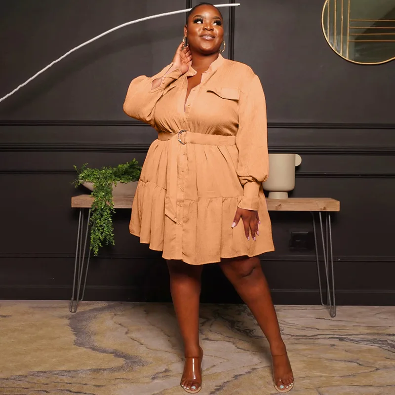 Plus Size Dress Solid O-Neck Blelt  Women's Shirt Long Sleeve Pleated Dress Office Lady for Vestidos Plus Size Women Clothing
