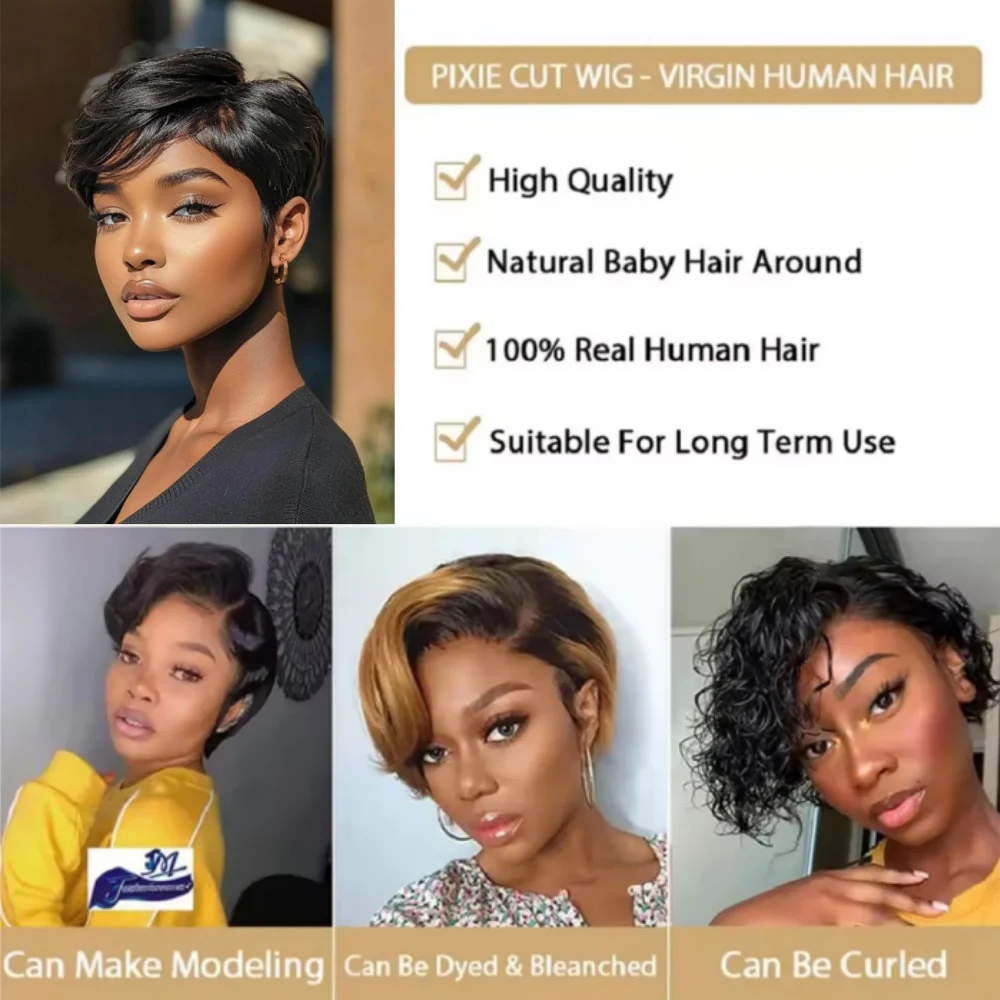 Фото Парик Pixie Cut из натуральных волос, прямой, полностью машинной работы, короткий, натурального цвета, для женщин, с боковым пробором, плотность 200% №3