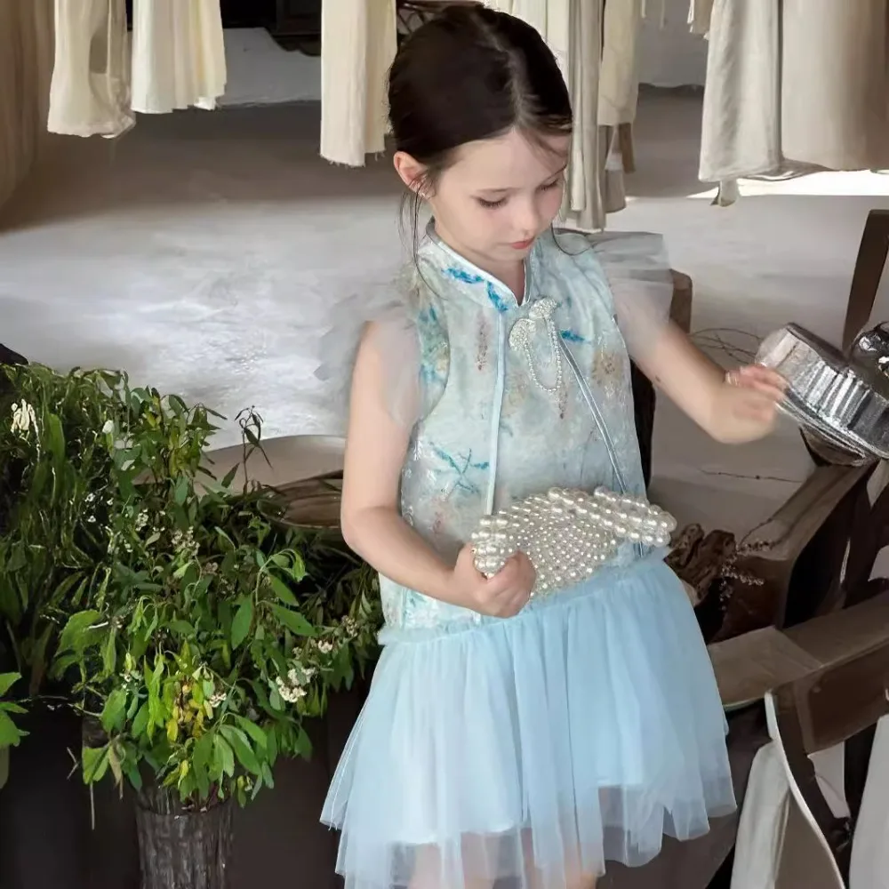 Платье для девочек Новинка лета 2024 китайское газовое платье без рукавов с