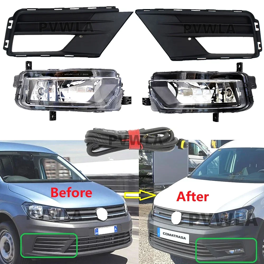 Фото Для VW Caddy 2K Facelift Maxi 2016 2017 2018 2019 2020 передние галогенные противотуманные фары дальнего света + крышка решетки + жгут проводов №1