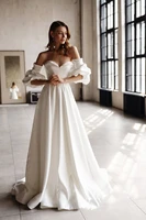 modern sweetheart neck strapless satin wedding dress detachable lantern sleeves backless 2022 robe de mari%c3%a9e with long train