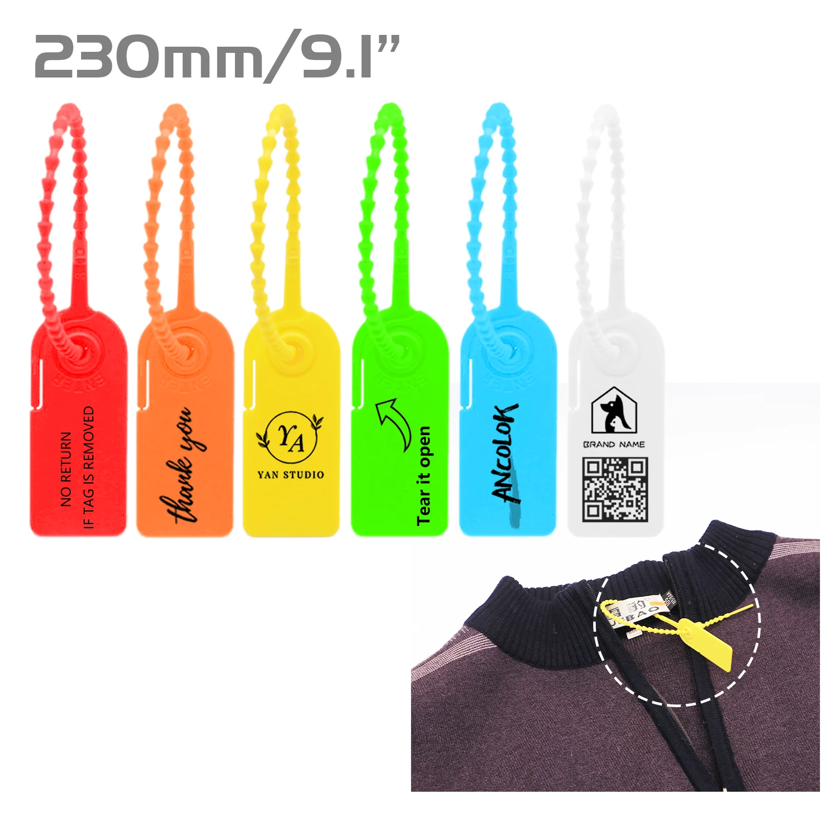 

Ancolok 100Pcs Custom Logo Hang Tags Safety of Clothes Shoes Bags Garment Labels Zip Tie Disposable Lasering Printed Plastic Tag