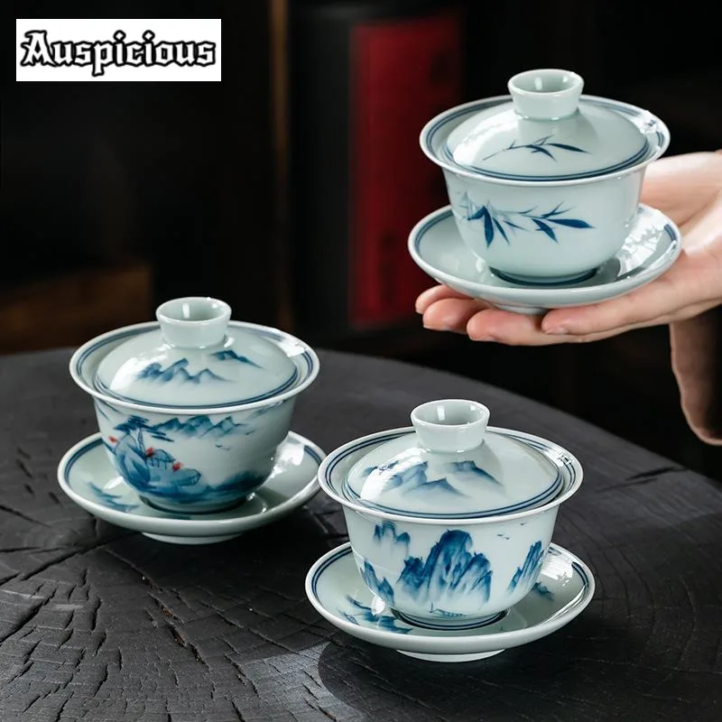 180 мл чистый сине-белый фарфор ручной работы Gaiwan Jingdezhen ручная роспись чайный