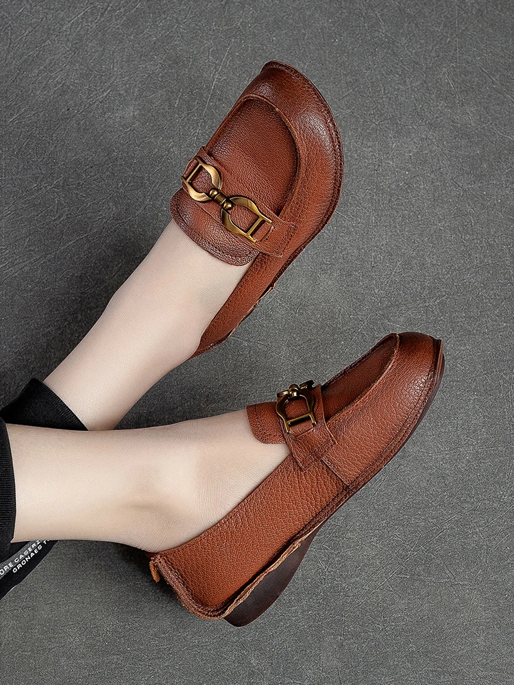 Beffery Women's Flats Cow Leather Loafers Handmade Moccasin With Round Toe And Soft Sole Flats Shoes Women