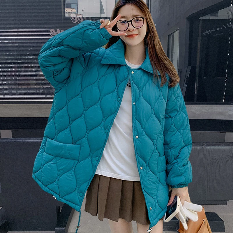 Winter Women's 2022 Down Cotton Jacket Ladies Korean Version Loose Spring and Autumn New Long Sleeve Rhombus Wave Warm Parka