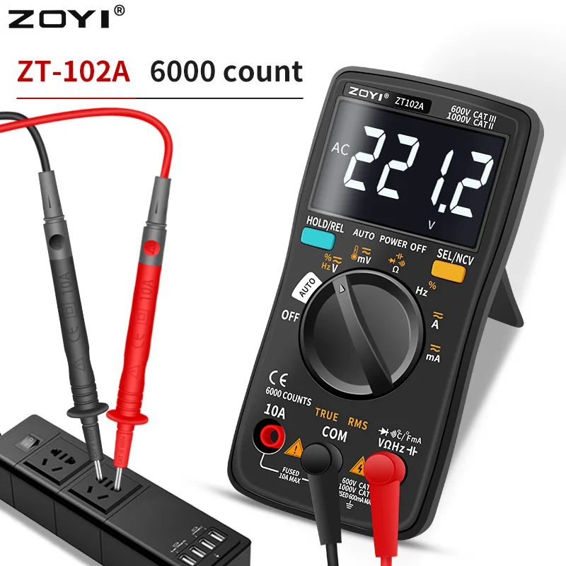 

Цифровой мультиметр ZOYI ZT-102/102A, 6000 отсчетов, подсветка TRMS, амперметр постоянного/переменного тока, вольтметр, портативный многофункциональный тестер напряжения