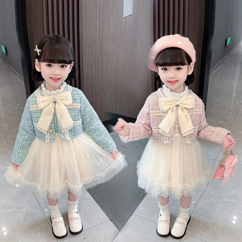 

Children's Fashion Suit Skirt Spring And Autumn 2022 Girls' Big Bow Coat + Skirt Two-piece Baby Knee-length Skirt Holiday Dress