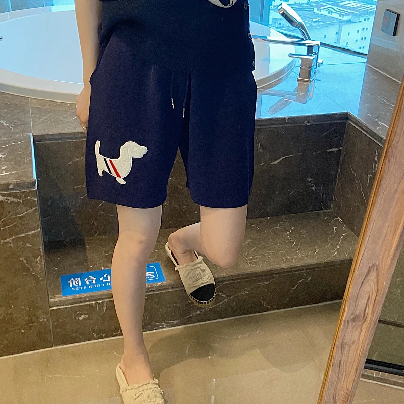 Summer tb college style puppy embroidery shorts women's loose and thin lace-up sports casual hot pants ice silk wide-leg pants