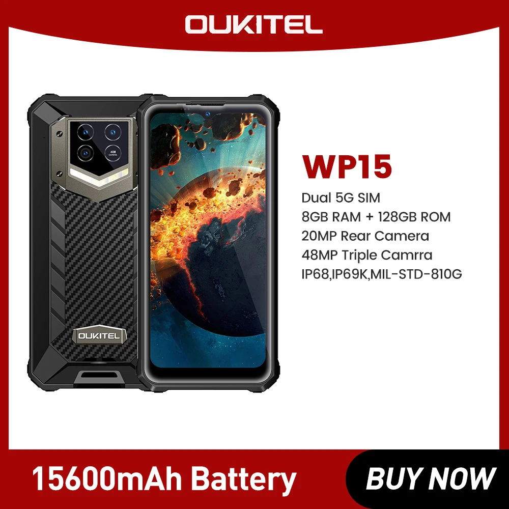 

Oukitel WP15 Rugged Smartphone 8GB+128GB 6.5"HD+ Octa Core Android11 Mobile Phone 48MP MT6833 NFC Smartphone Cell 15600mAh