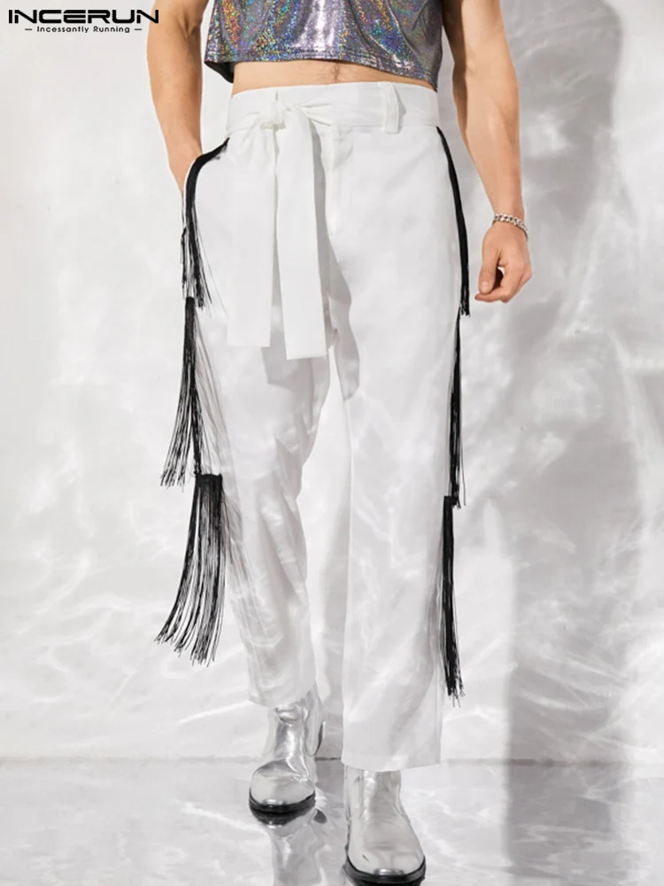 

2022 Men Pants Tassel Patchwork Lace Up Joggers Personality Casual Straight Trousers Men Streetwear Loose Pantalon S-5XL INCERUN