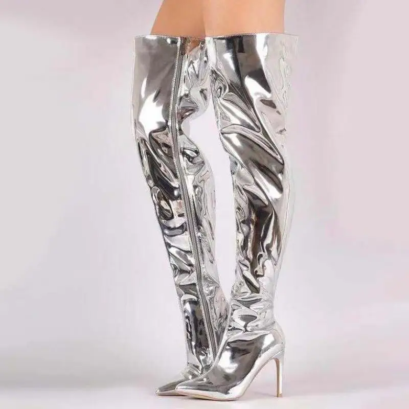 

Fashion Women Boots Patent Leather Thin High Heels Pointed Toe Side Zipper British Style Korean Style Over-the-Knee Womens Shoes