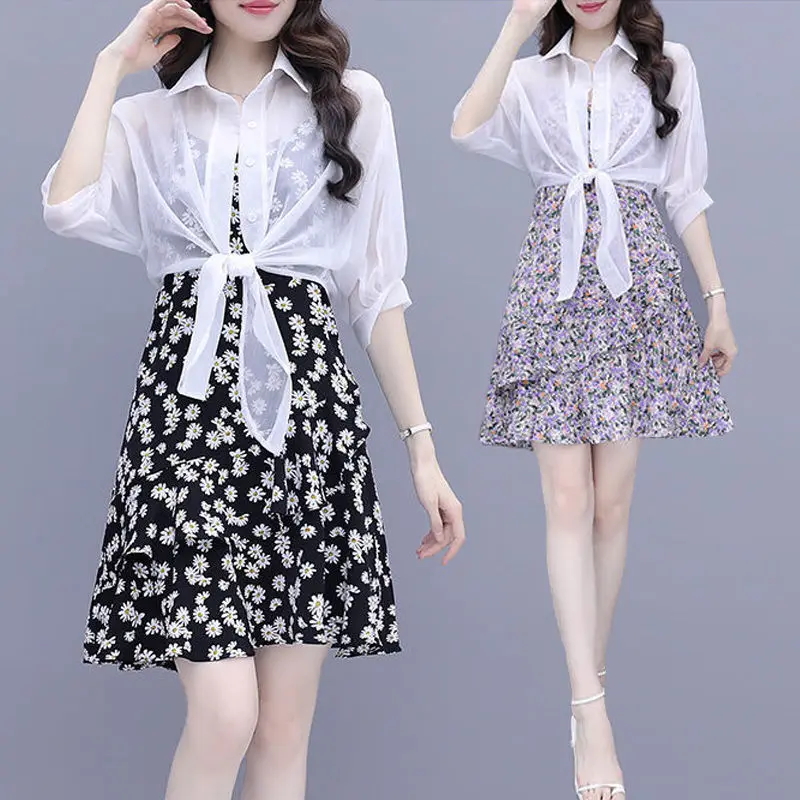 

Summer Woman Fashion Set Female Sleeveless Strap A-Line Floral Print Dress Suit Girls Clothing Dresses Sets Two Piece Suits E19