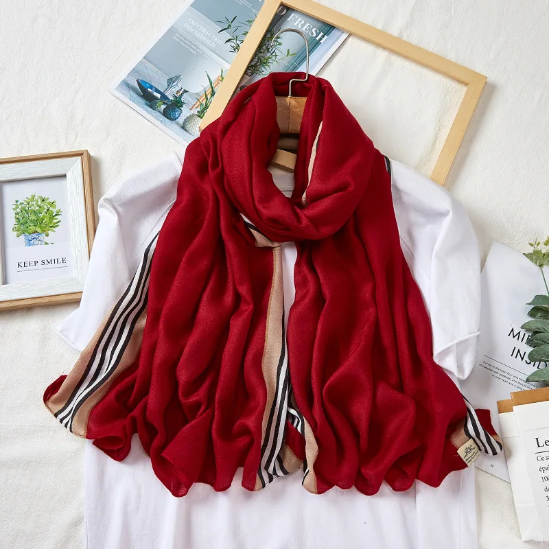 

South Korea Dongdaemun winter new scarf women vintage wind wine red warm neck solid color line imitation cotton and linen shawl