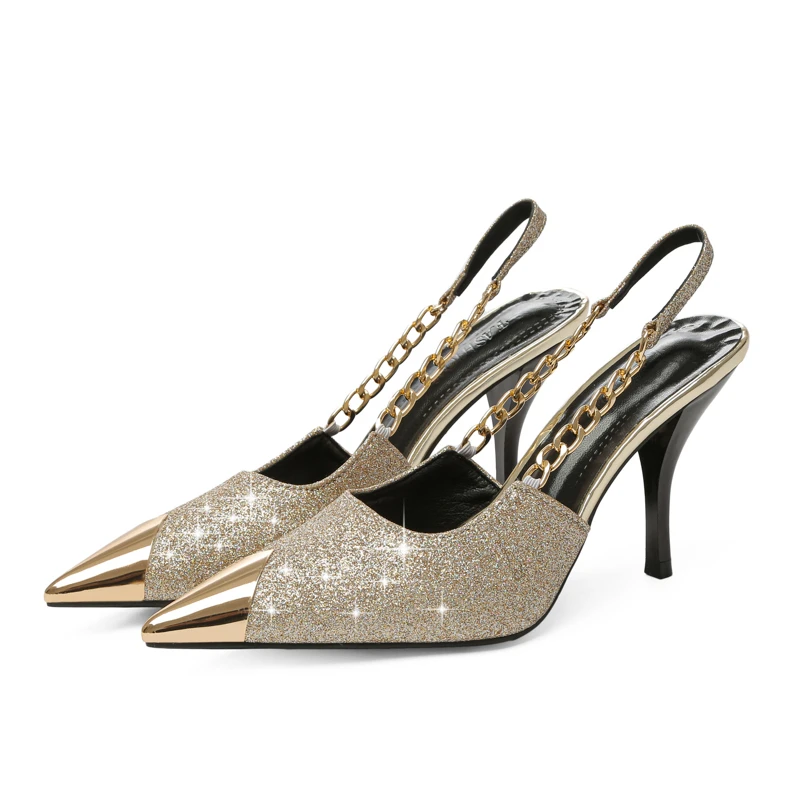 

New Women heels Fashion Metal Chain Slingback High Heels Pumps (6-8cm) Sandals Party Shoes Fashion designer shoes zapatos mujer