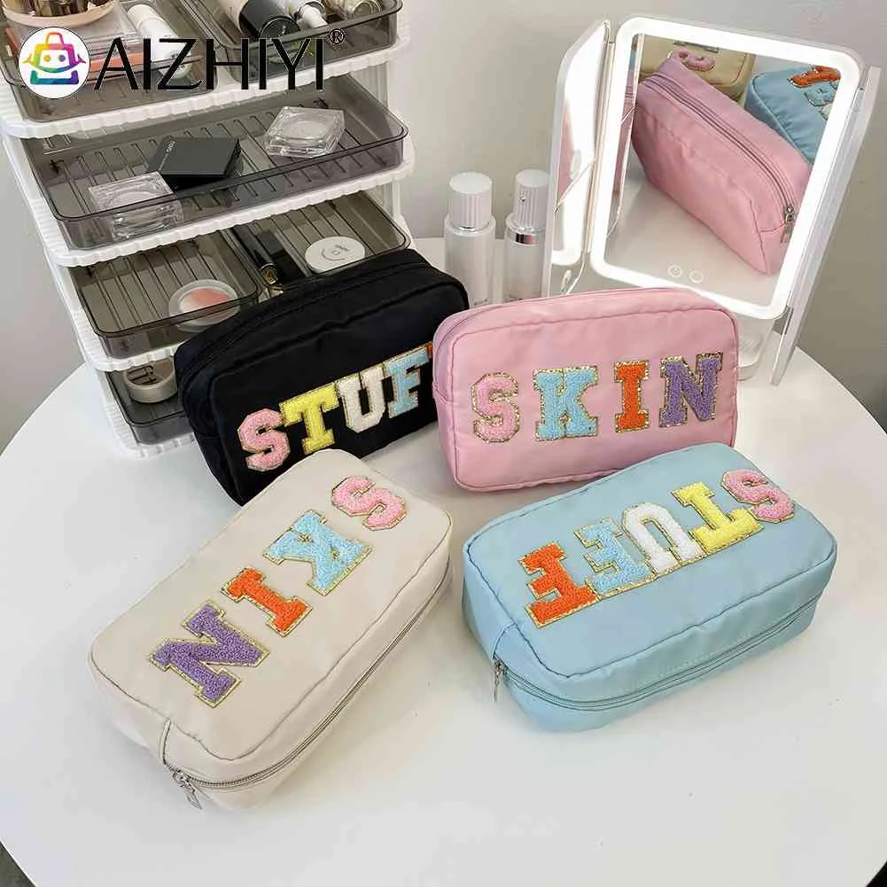 

Casual Toiletry Bag Embroidery Letter Patch Beauty Case Portable Zipper Makeup Storage Organizer Waterproof Nylon for Lady Girls