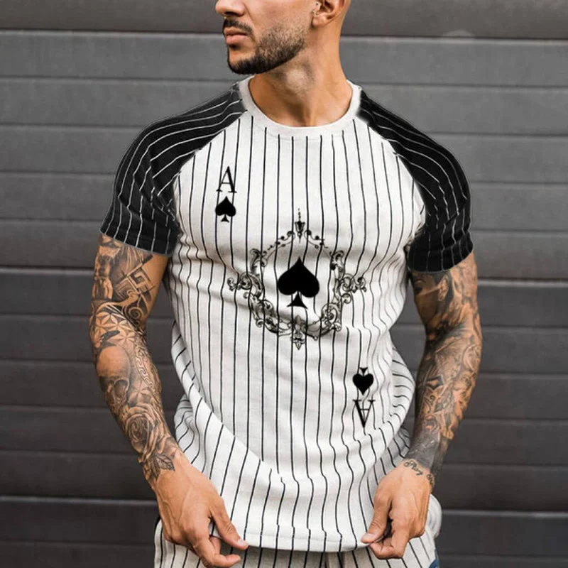 

Summer hot men's striped T-shirt round neck fashion poker printed polyester shirt short sleeve men's street wear large