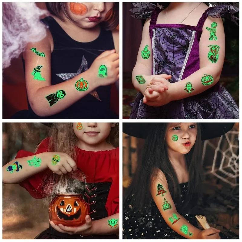 

10pcs Halloween Tattoo Stickers Luminous Child Kid Temporary Fake Tattoos Glow Paste on Face Arm Leg for Children Body Sticker