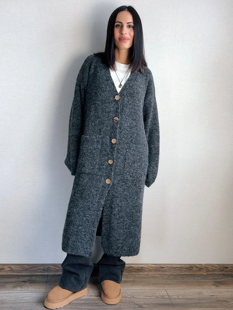 Женский длинный кардиган с V-образным вырезом и длинными рукавами