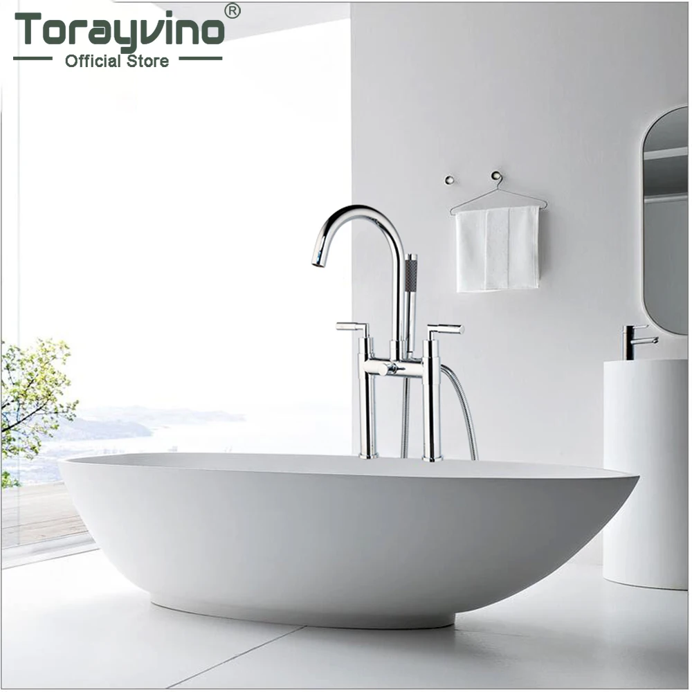 

Torayvino Luxury Chrome Bathroom Shower Faucet Stand Mounted Bathtub Faucets With Hand Sprayer Taps Set Dual Handle Mixer Tap