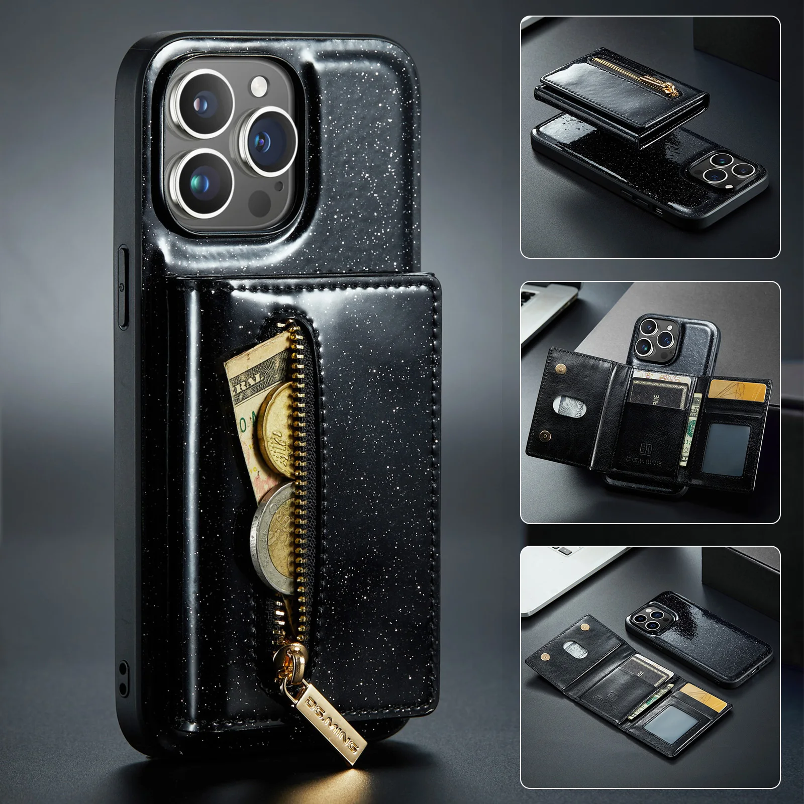 

Новинка, сверкающий чехол DG.Ming для IPhone 14, 13, 12, 11 Pro Max, чехол-кошелек, съемный кожаный магнитный чехол, водонепроницаемый чехол