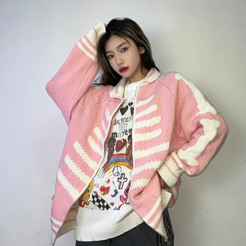 

Dark Rib Embroidered Sweater Black Pink Cardigan Men's and Women's Same Skull Zipper Knitted Wool Blend Loose Coat Amekaji Trend