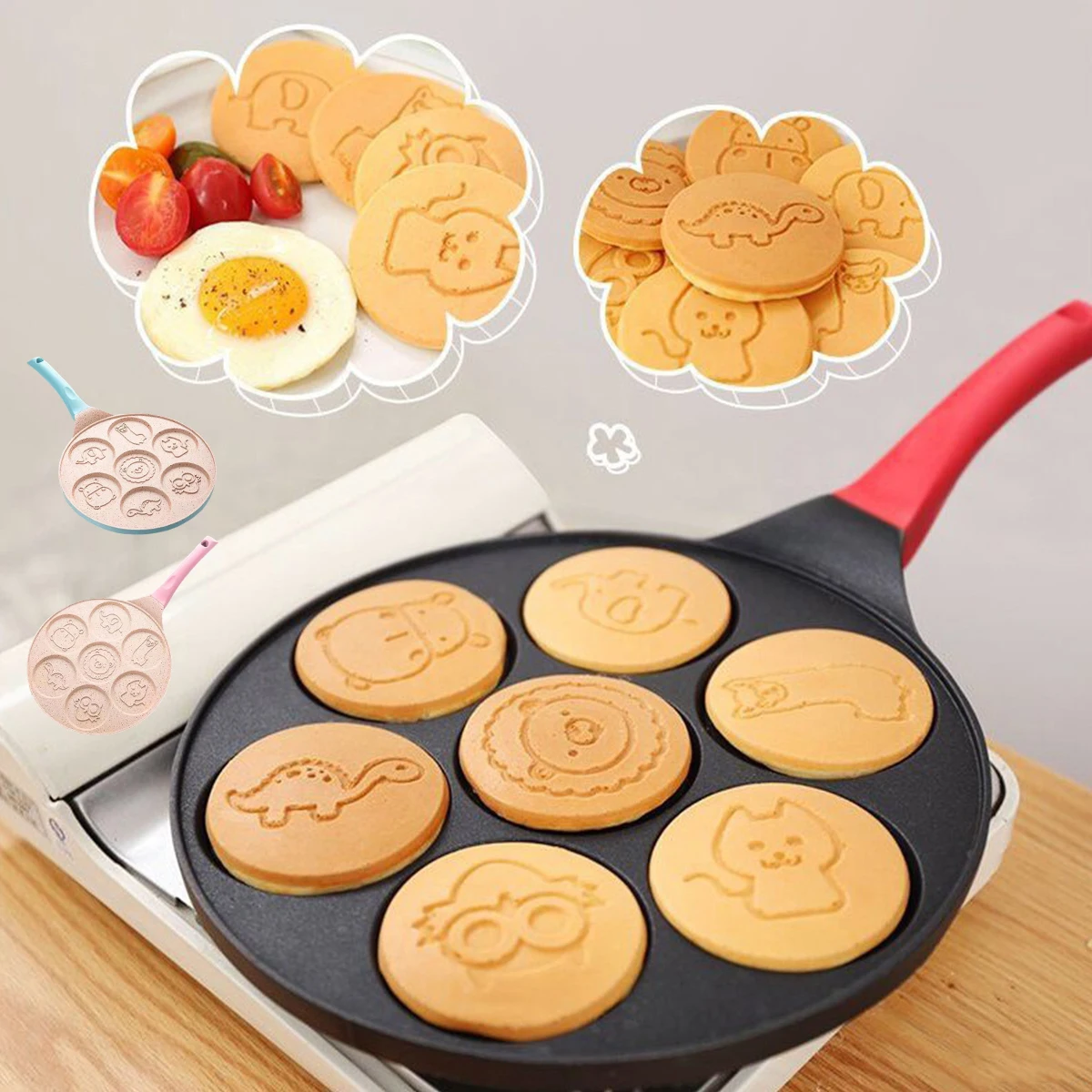 

Pancake Pan with Handle 7 Animal Molds Pancake Maker Pan for Kids Non-stick Stovetop Egg Frying Pan Cute Breakfast Griddle Pan