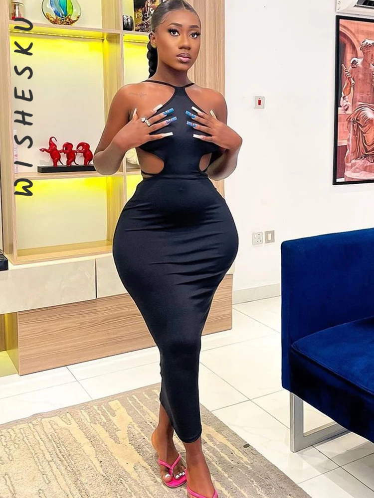 

Женское платье с лямкой на шее, однотонное вечернее платье-макси без рукавов, с открытой спиной и разрезом, 2022