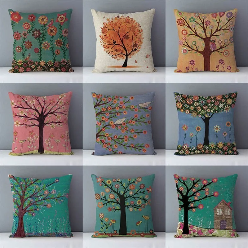 

Colored trees flower printed pastoral couch seat back cushion home decorative pillows popular plants pillowcase 45x45cm cushions
