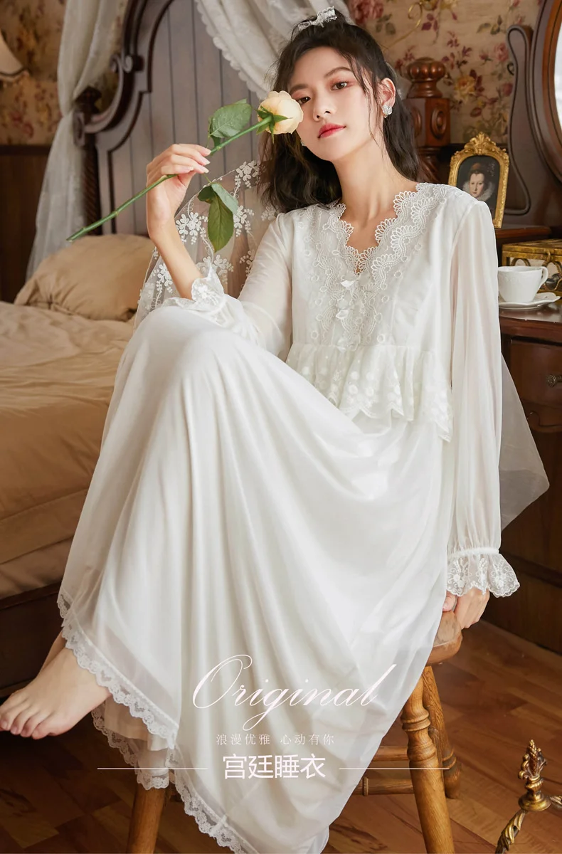 Long sleeve modal nightdress women's Spring Court style mesh Princess embroidered lace household clothes can be worn outside