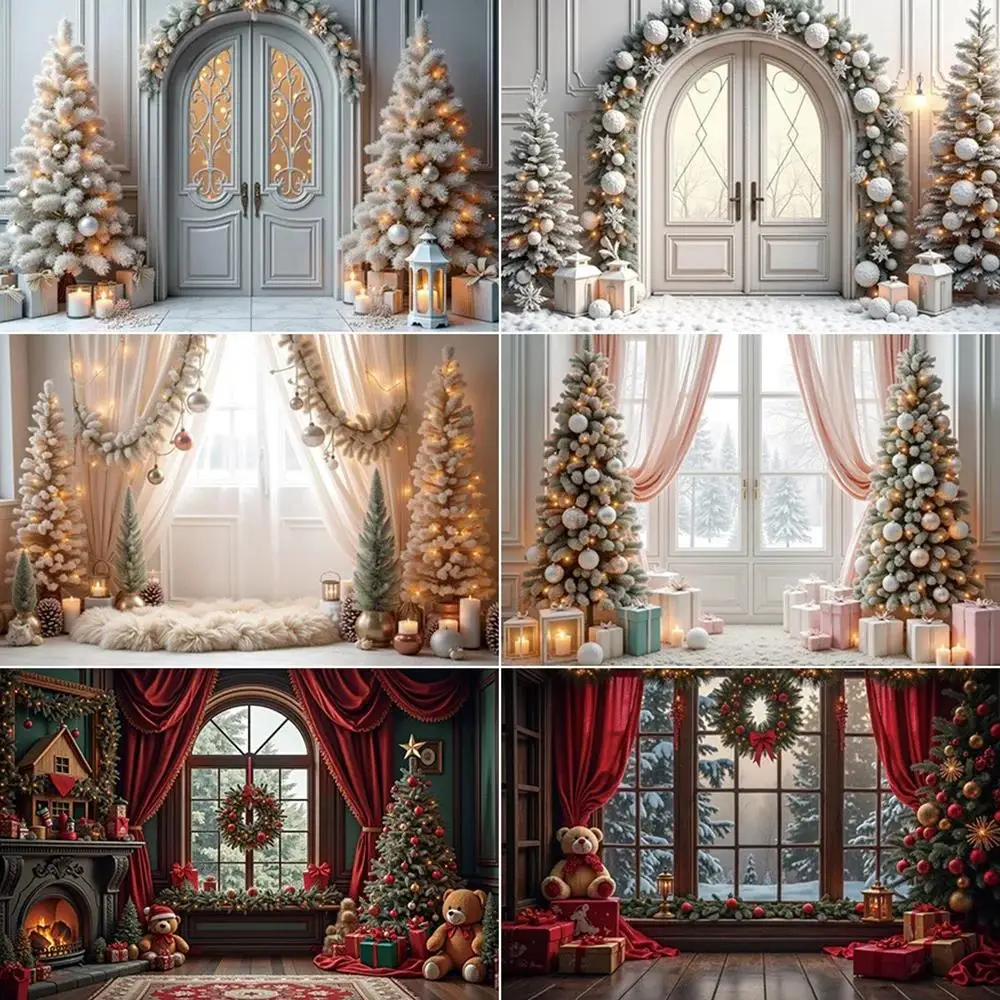 Кирпичный камин большие рождественские елки занавеска розовый фон подарок