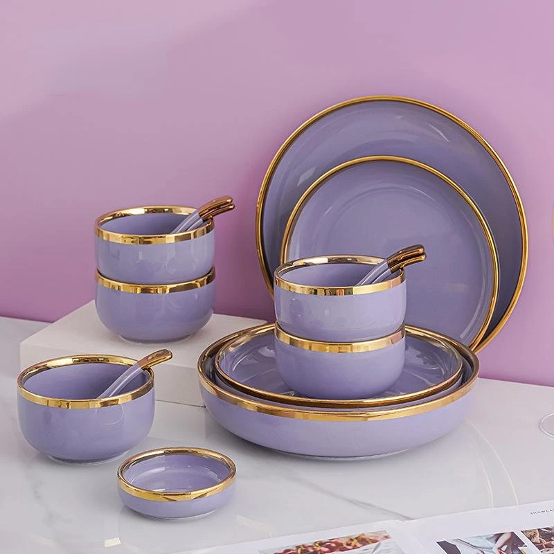 

Фиолетовые фарфоровые тарелки, обеденные тарелки, набор посуды, роскошные блюда, обеденные тарелки, салаты, десертные тарелки для торта