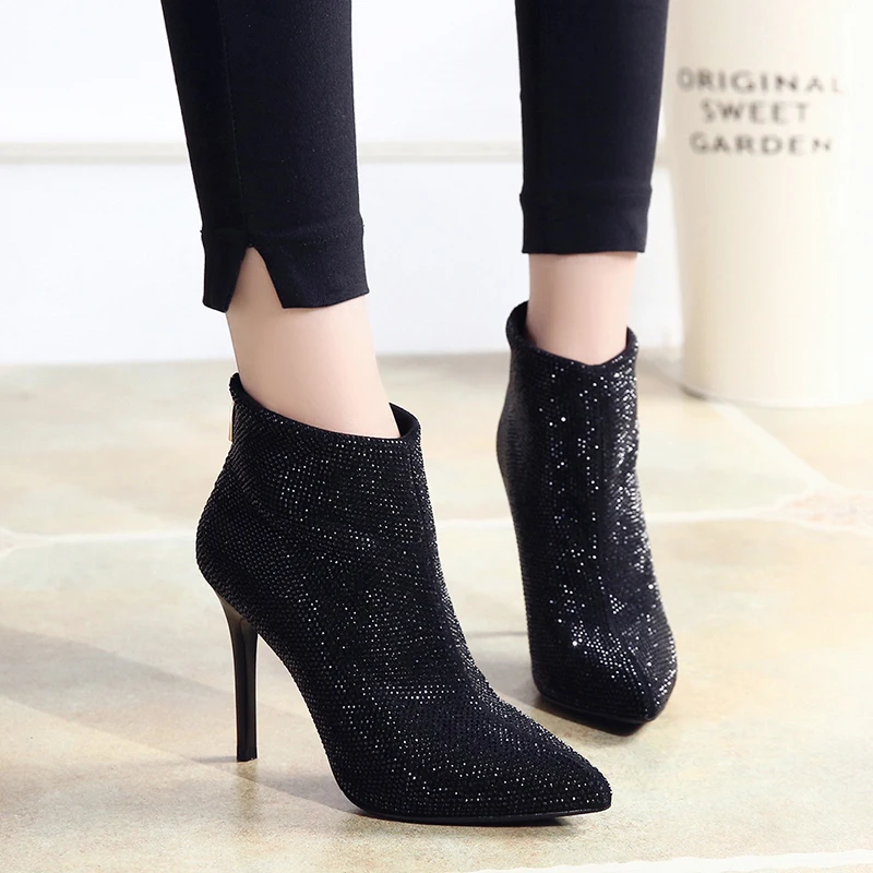 Winter Pointed Toe Thin High Heel Short Boots Sexy Rhinestone Single Boots Fashion Boots