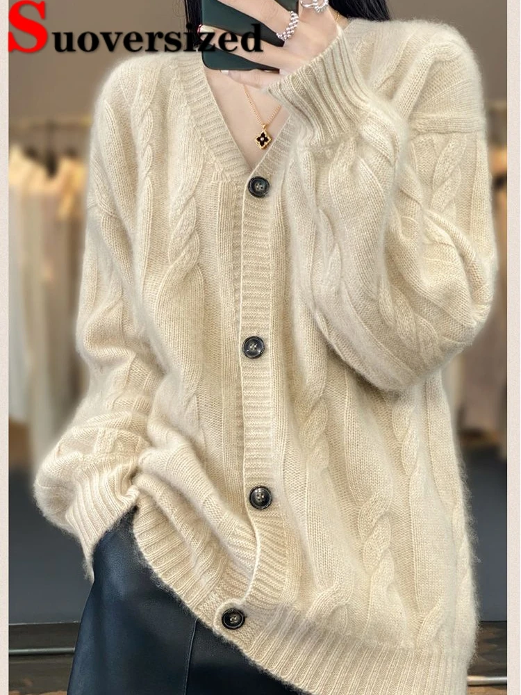 

Свободный вязаный кардиган с V-образным вырезом, повседневные топы с длинным рукавом, женская элегантная трикотажная одежда, жилет, новинка на осень и зиму, однобортный свитер