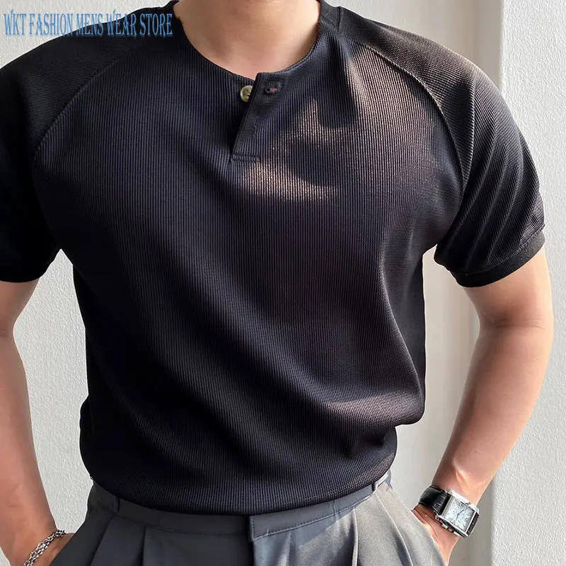 

Large Size Men's Clothes Versatile Solid Color Simple Placket Collar Raglan Sleeve Casual Fashion Men's Short Sleeve T-shirt Top