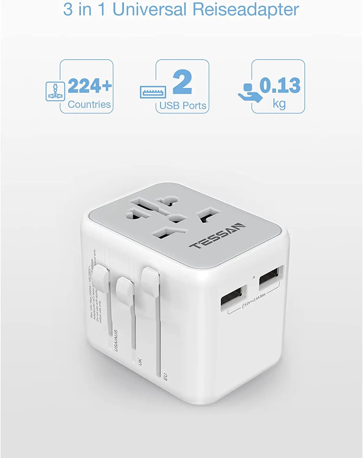 Универсальный дорожный адаптер TESSAN по всему миру с USB Международный для