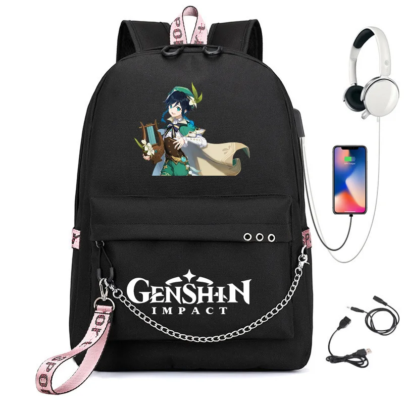 

Venti Backpack Genshin Impact Cosplay Bookbag for School Boys Girls Hu Tao Gift Bag with USB Charging Port Travel Rucksack
