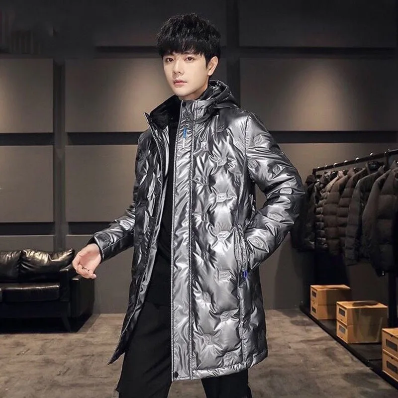 Authentic medium length white eiderdown warm down jacket men's bright face down jacket men's new winter hooded coat