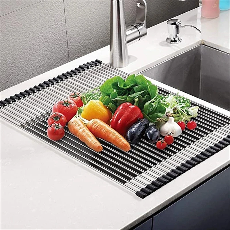 Kitchen Accessories Foldable Dish Drying Rack Cocina Stainless Multi-Use Roll-up Kitchen Organizer Drainer Fruit Vegetable Mat